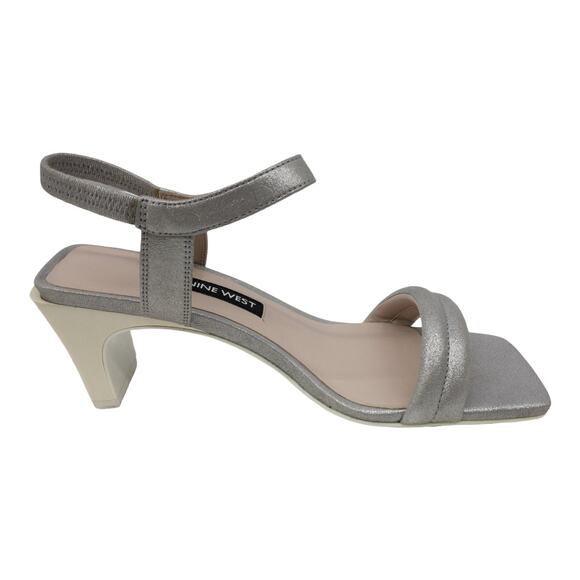 Nine West Dark Silver Metallic Urgreat Square Toe Leather Ankle Strap Sandals 5 - Picture 4 of 14